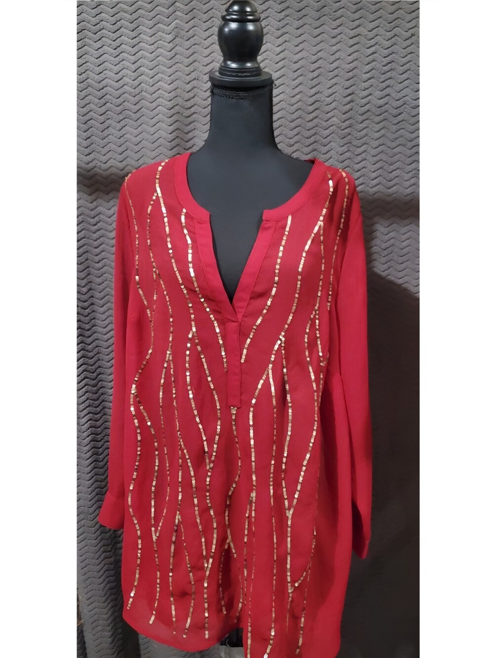 Red v-neck tunic top with sequin design, 0X